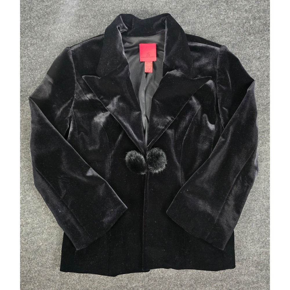 JS Collections Black Velvet Bolero Jacket Silk Lining Pom Closure Size 10